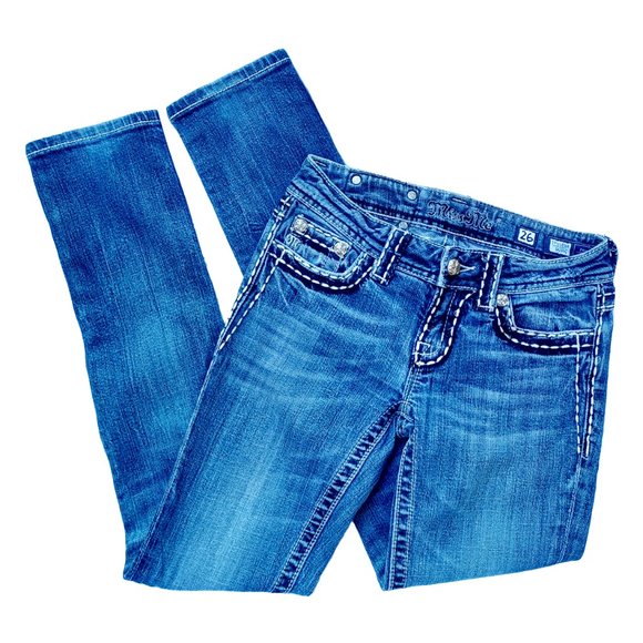 Miss Me Rhinestone Bling Folded Pocket Acid Wash Jeans Size 3 Waist 26 JP5118SKR - Picture 2 of 8